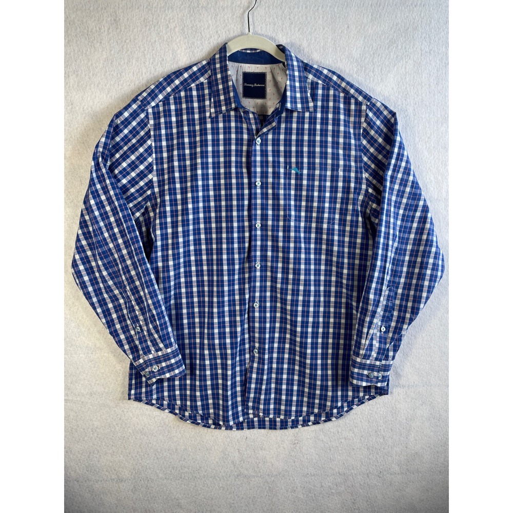 Tommy Bahama Mens Large Blue Plaid Pima Cotton Long Sleeve Button Down Shirt